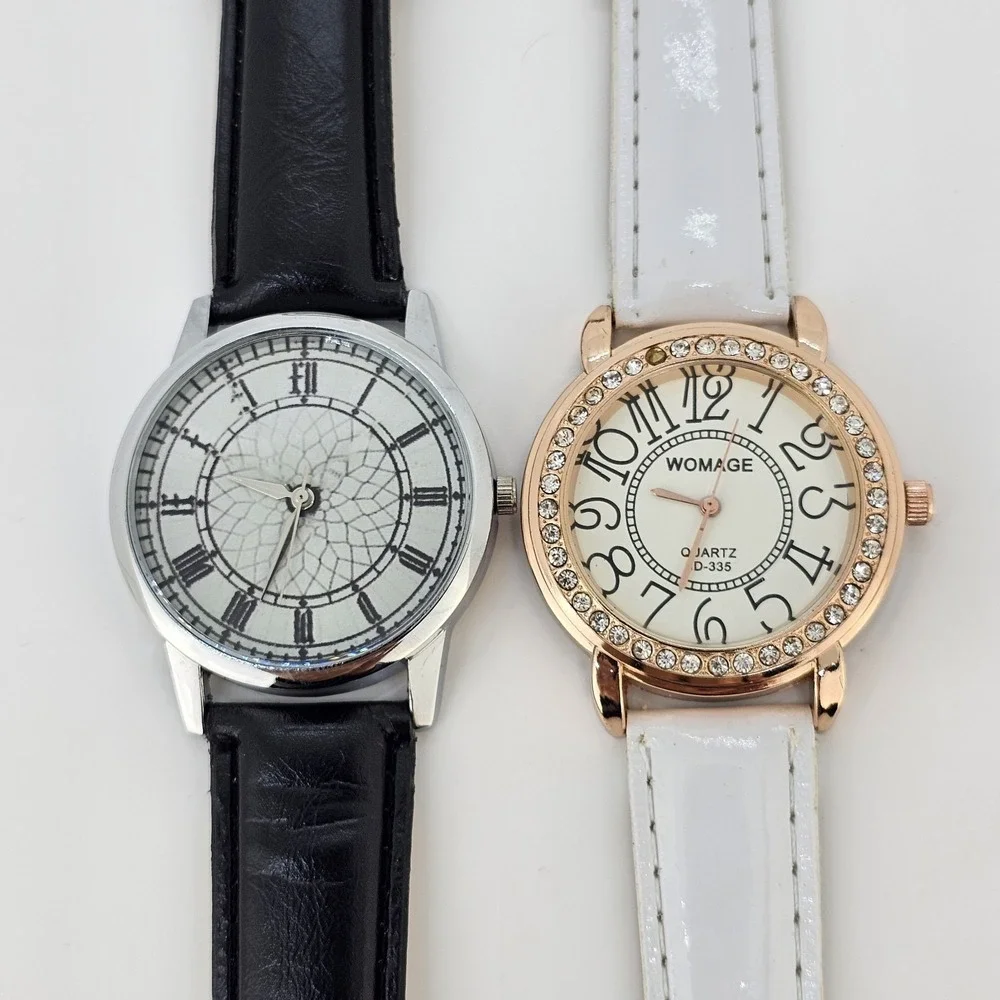 2X Women's Watch 38MM Gray Cream Dial Black White Faux Leather Bands NEW Battery